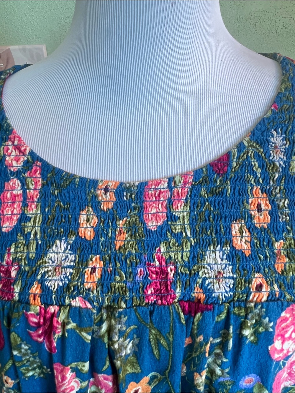 Terra and Sky - Floral Smocked Blue Women's Top - Picture 2 of 7